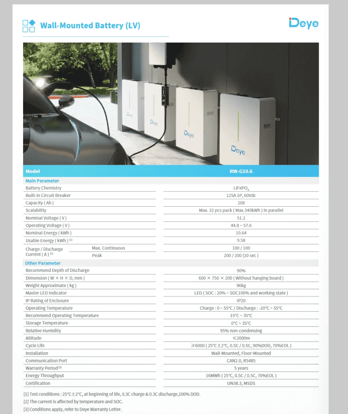 Deye 10kWh Battery — Full Technical Data